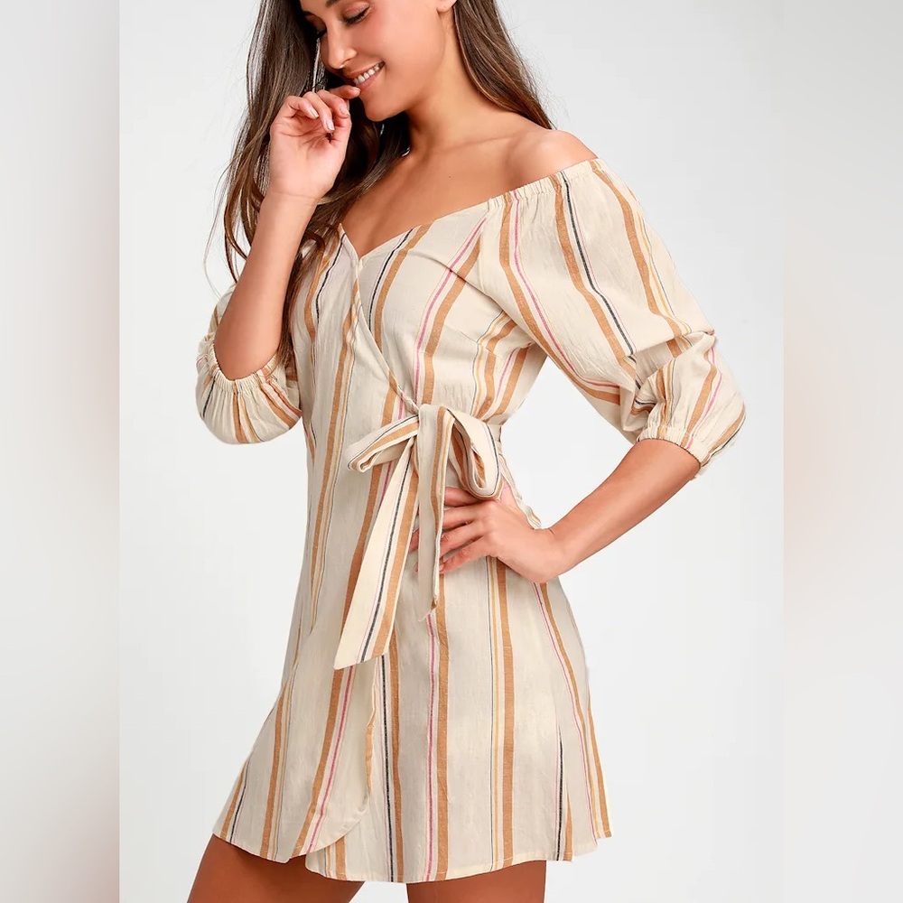 Billabong Cream and Tan Striped Wrap Dress